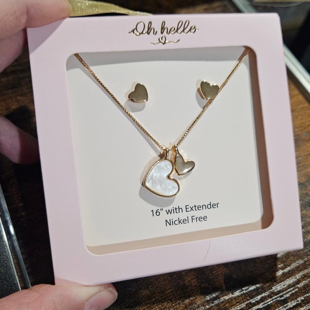 Oh Hello Dainty Gold Tone Heart Necklace Earrings Set Nickel Free NWT Gifting